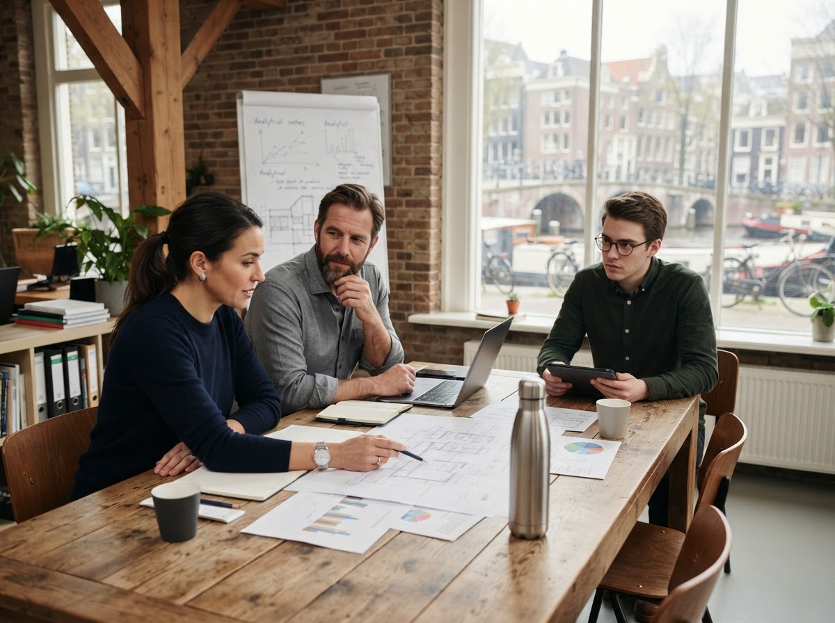Milde Beursholm medewerkers bespreken financiële rapportages